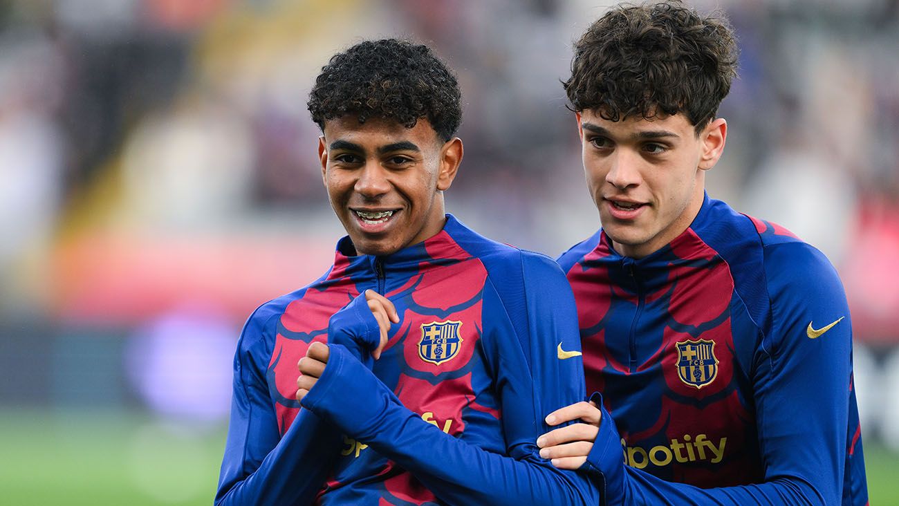 Lamine Yamal and Héctor Fort in a warm-up with Barça