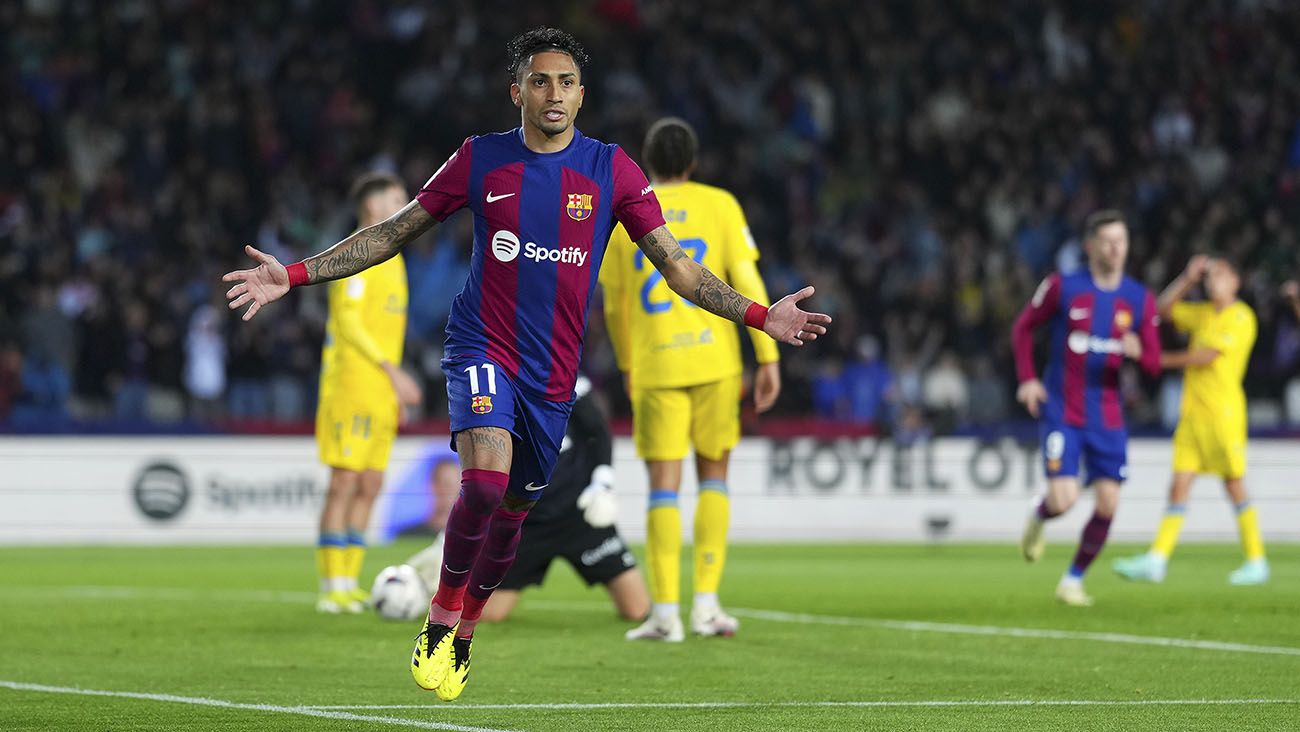 Raphinha festejando su gol ante la UD Las Palmas (1-0)