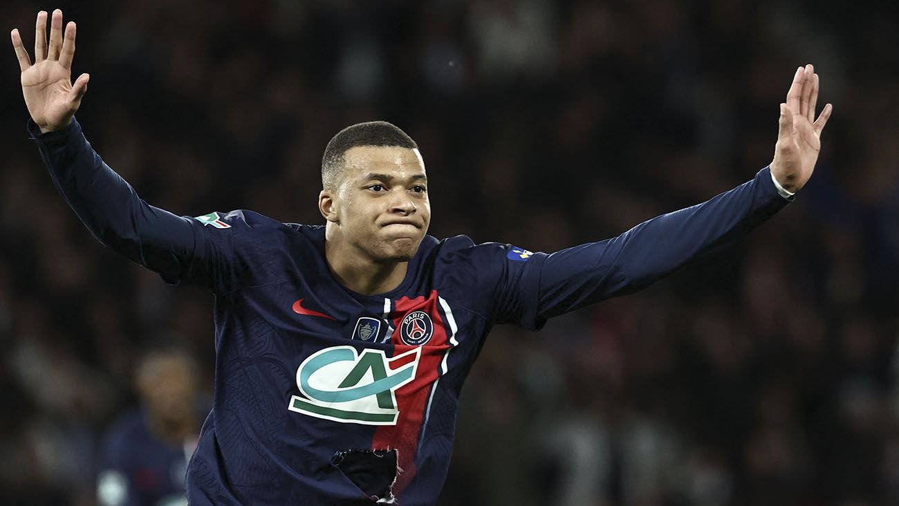 Kylian Mbappé celebrating his goal against Rennes (1-0)