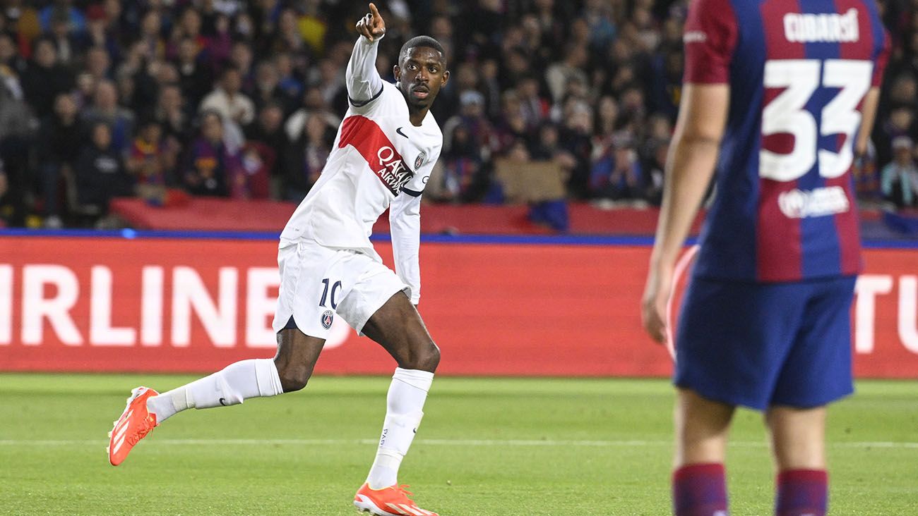 Ousmane Dembélé festejando su gol en Montjuïc ante el Barça