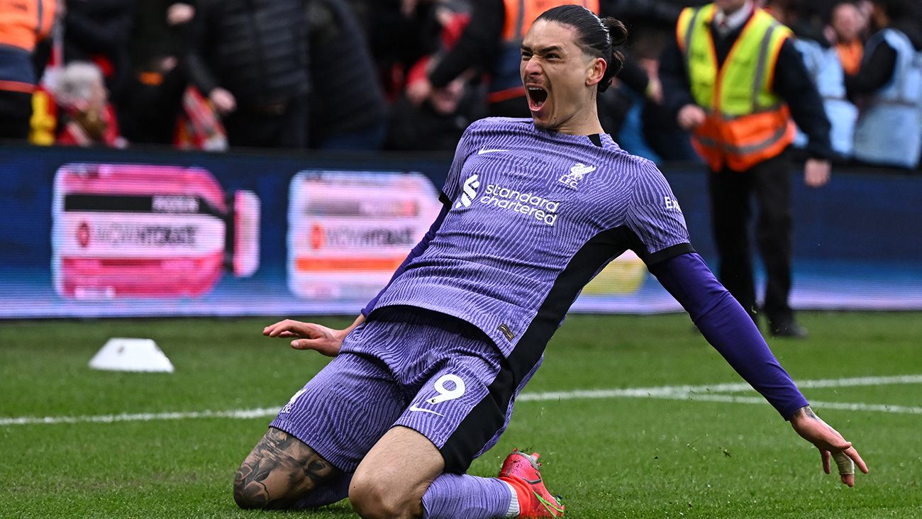 Darwin Núñez celebra un gol con el Liverpool
