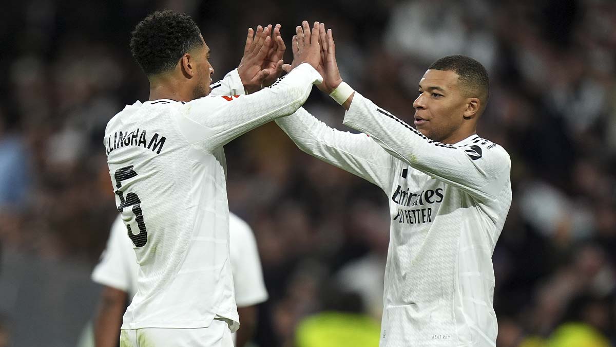 Bellingham and Mbappé celebrating a goal against Las Palmas