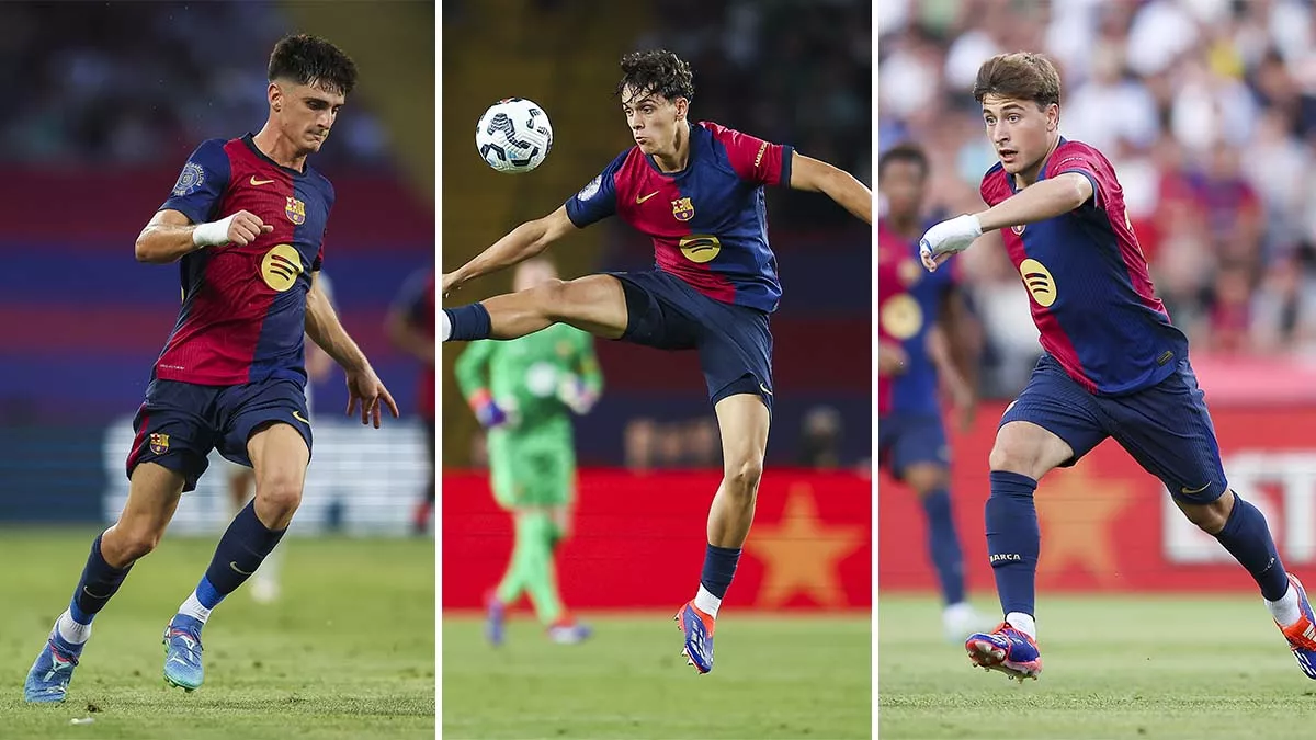Pau Víctor, Héctor Fort and Pablo Torre with Barça