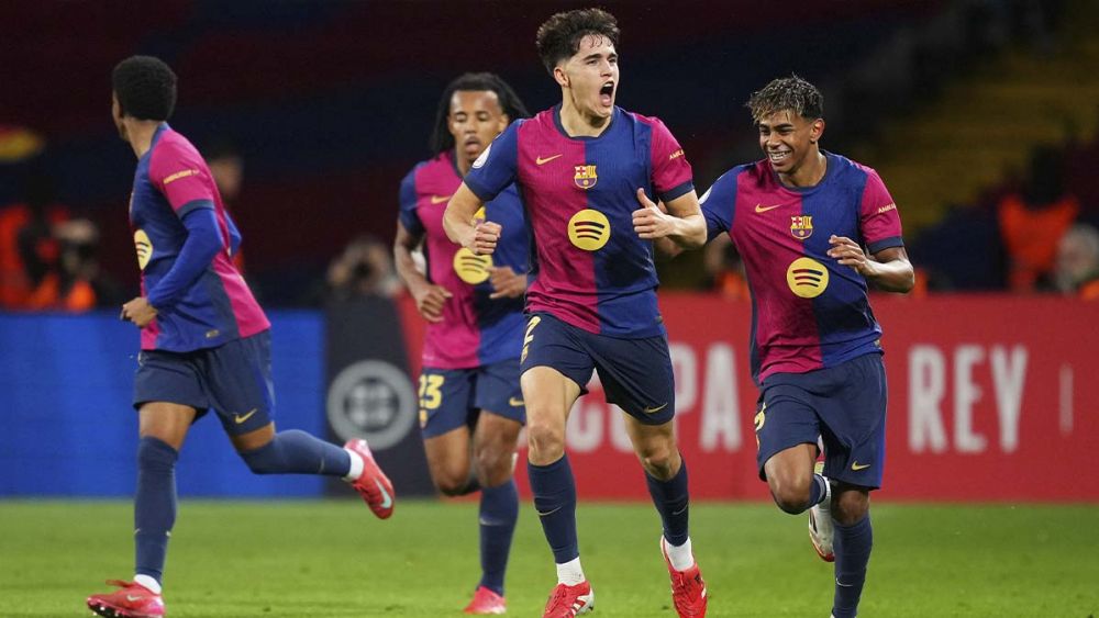 Pau Cubarsí, celebrating his goal against Atlético Pau Cubarsí, celebrating his goal against Atlético