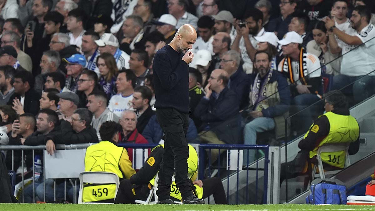 Pep Guardiola, durante el Madrid-City (3-1)