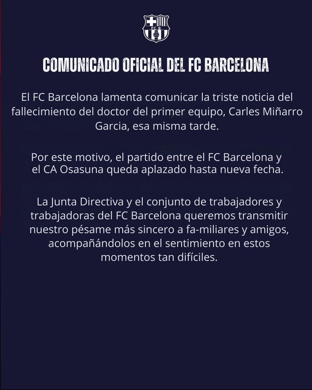 Comunicado oficial de la suspensión del Barça-Osasuna
