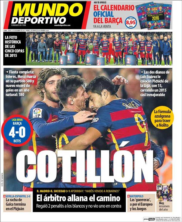 Portada del periódico mundo deportivo, jueves 31 de diciembre de 2015