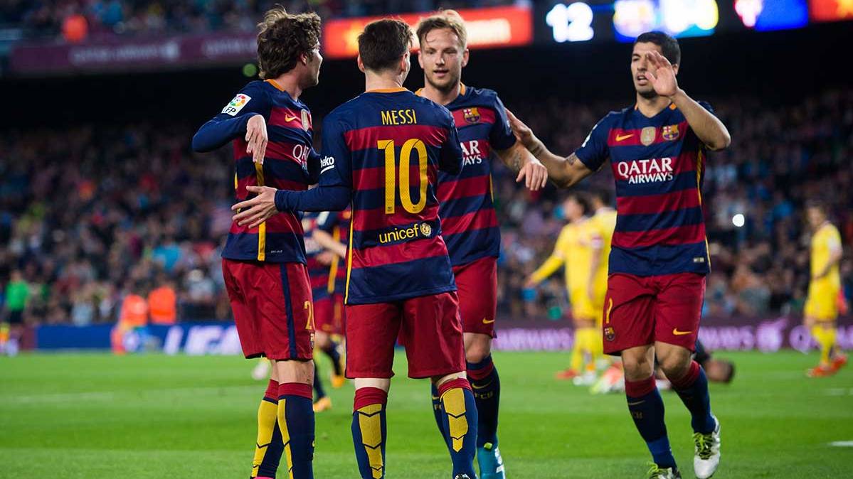 Sergi Roberto celebra el gol del FC Barcelona ante el Sporting