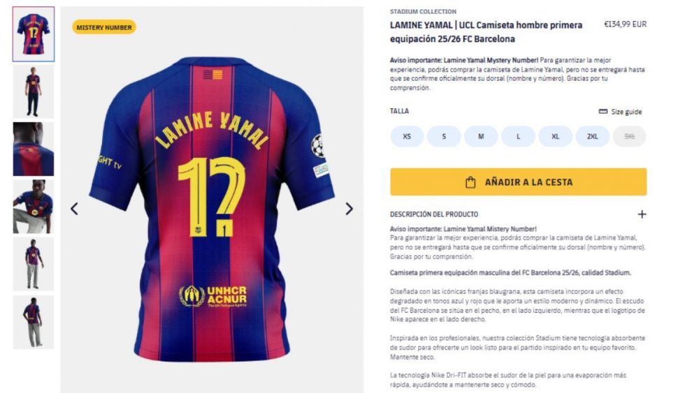 Nueva camiseta de Lamine Yamal puesta a la venta en la web del FC Barcelona aún sin el dorsal 10
