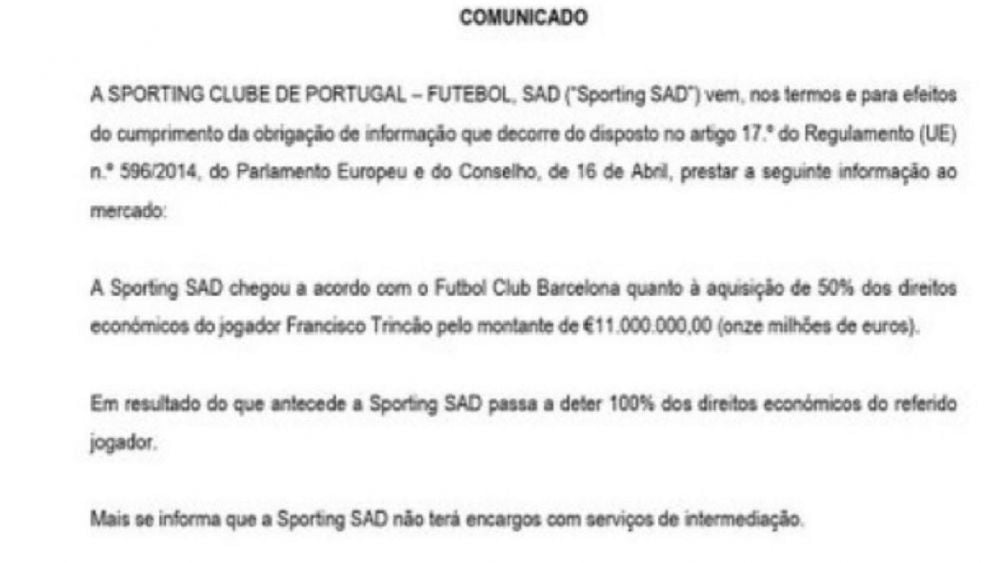 Fragmento del comunicado del Sporting CP anunciado la compra del 50% de los derechos federativos de Francisco Trincao al FC Barcelona Fragmento del comunicado del Sporting CP anunciado la compra del 50% de los derechos federativos de Francisco Trincao al FC Barcelona