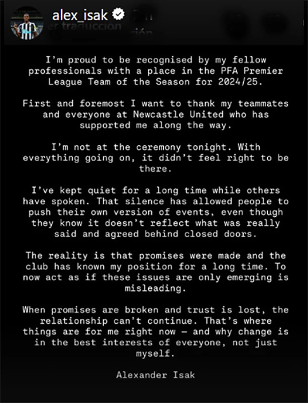 Alexander Isak's statement on Instagram