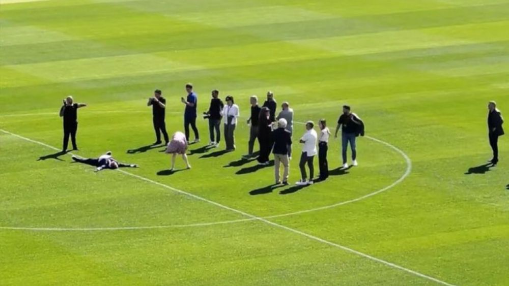 Joan Laporta lying on the Camp Nou pitch Joan Laporta lying on the Camp Nou pitch