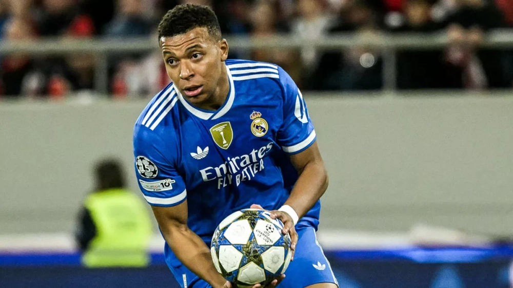Mbappé celebrating his first goal against Olympiacos
