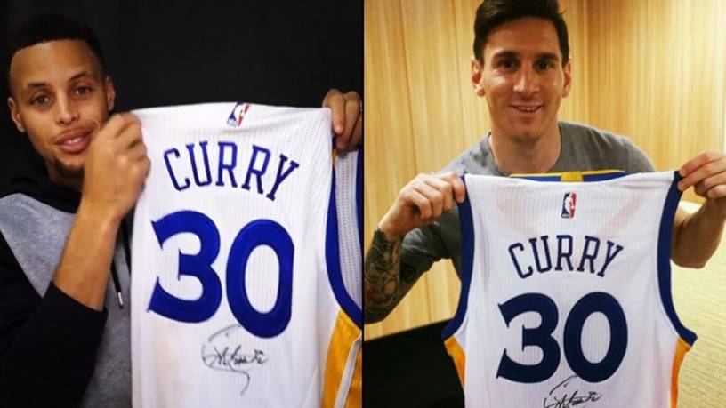Stephen Curry and Leo Messi with the camsieta of the North American