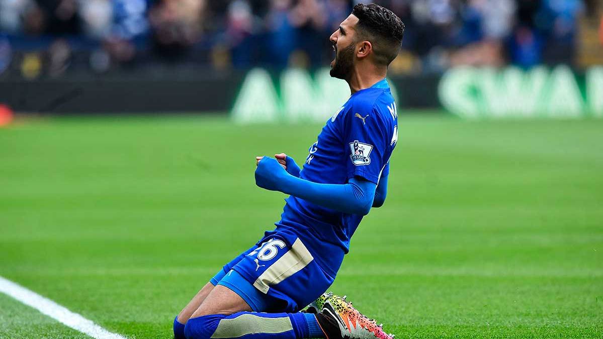 Riyad Mahrez Celebrates one of his eighteen goals the past season with the Leicester City