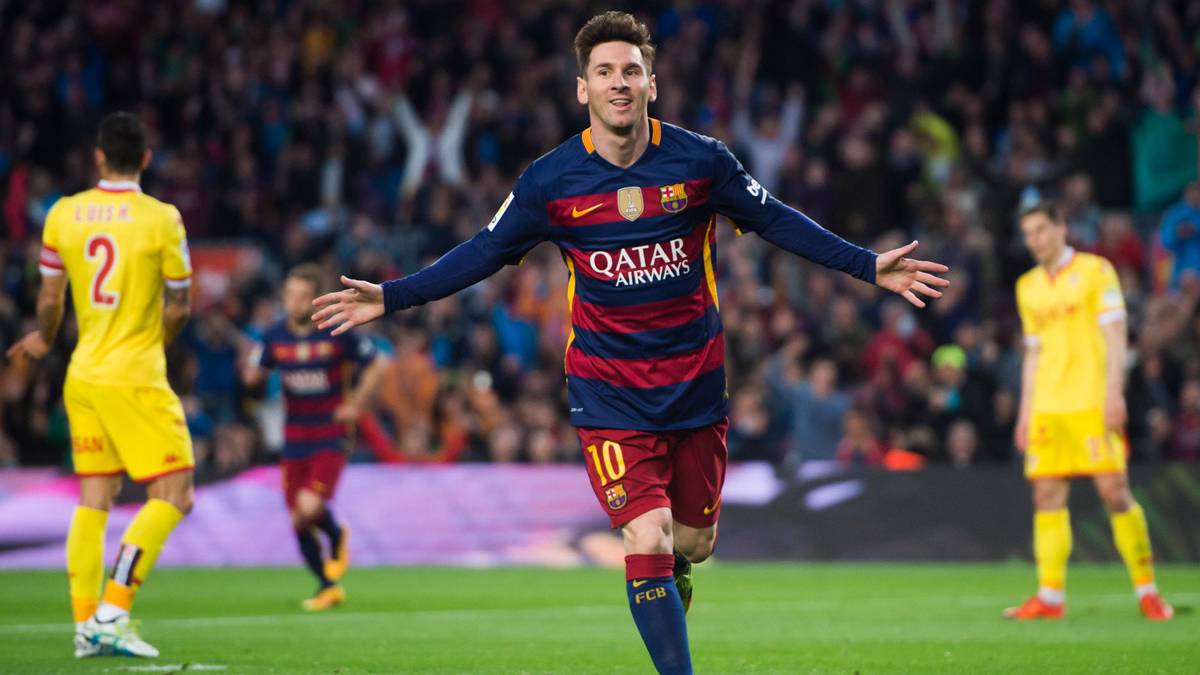 Leo Messi, celebrating a goal against the Sporting of Gijón