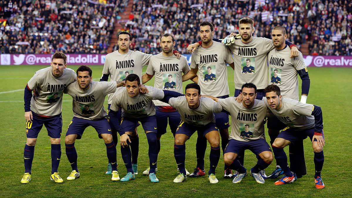 Javier Mascherano, in a photo of archive beside the rest of mates of the Barça with the T-shirt where reads