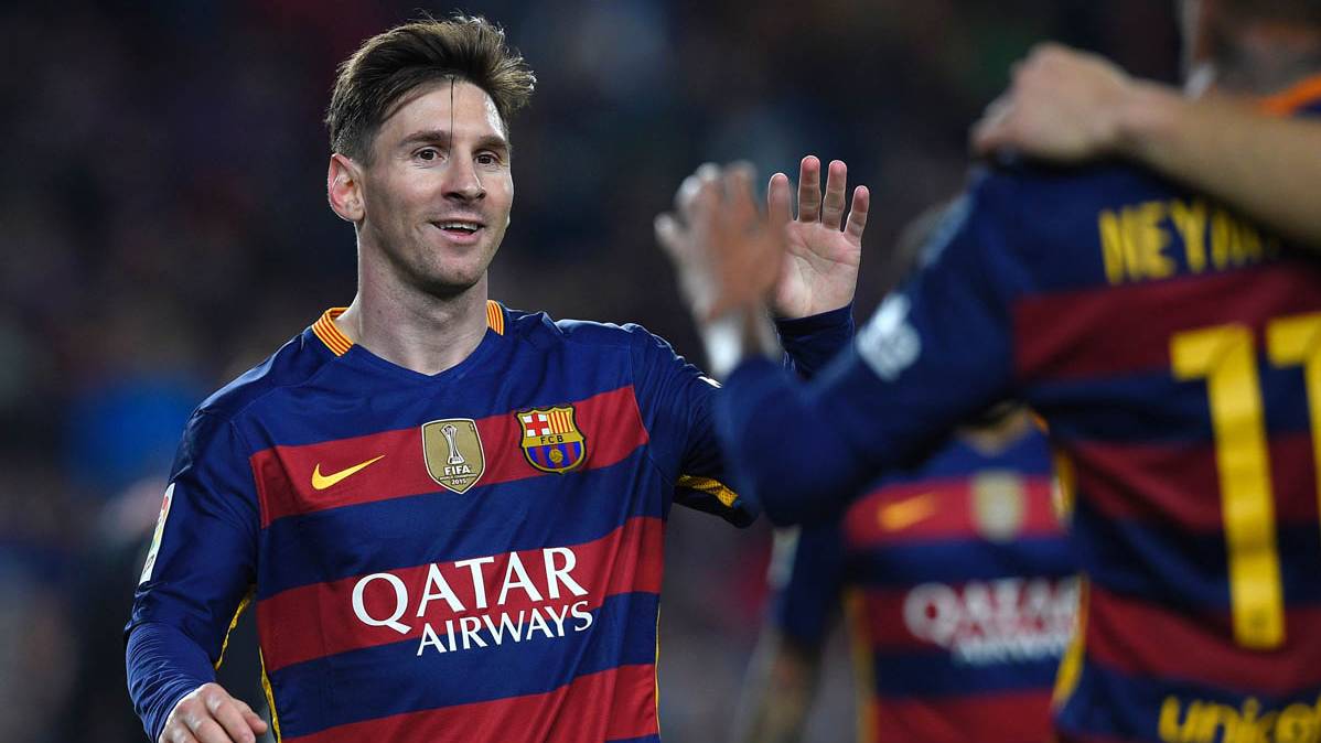 Leo Messi, celebrando un gol marcado al Sporting de Gijón