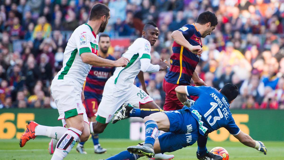 Luis Suárez, a punto de marcar un gol contra el Granada