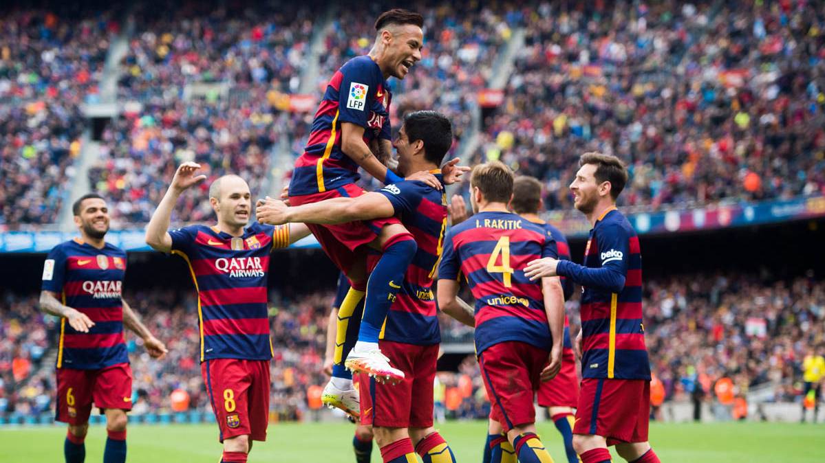 The players of the Barça, celebrating the goal of Neymar against the Espanyol