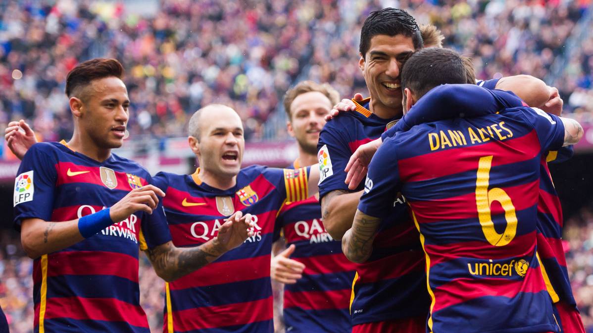 El FC Barcelona, celebrando un gol anotado al Espanyol