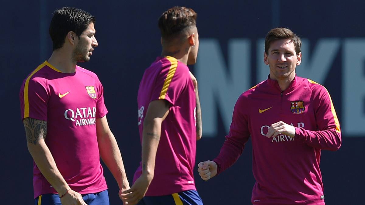 Messi, Neymar y Luis Suárez, durante la sesión de entrenamiento