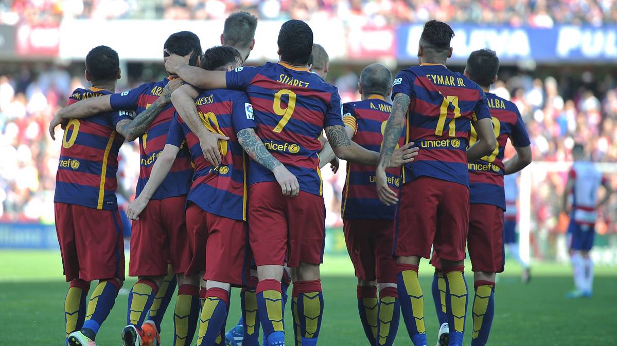 El FC Barcelona, celebrando un gol en el último partido de Liga