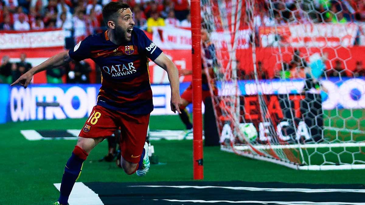 Jordi Alba celebrando el primer gol marcado al Sevilla en la final de la Copa del Rey