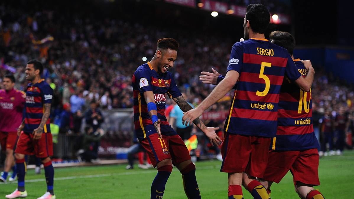 Neymar Jr, celebrating a goal beside his mates of the Barça