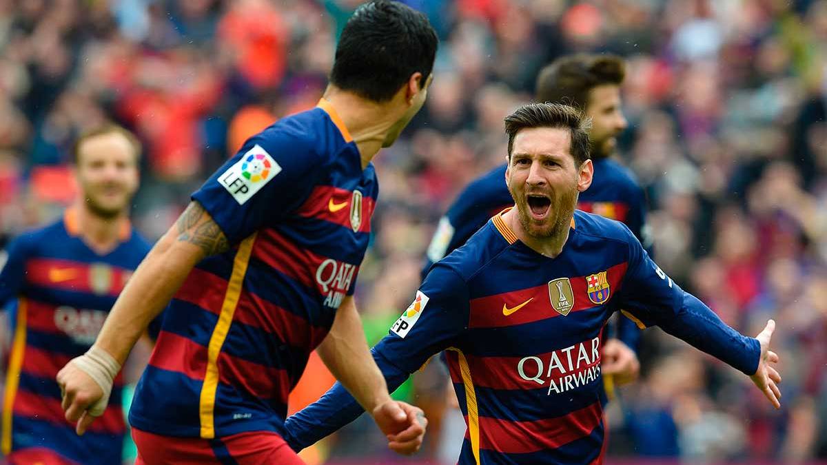 Leo Messi and Luis Suárez celebrating a goal with the Barça this 2016