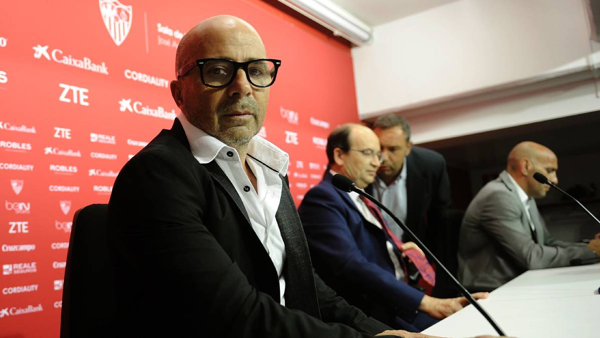 Jorge Sampaoli, durante la rueda de prensa como técnico del Sevilla