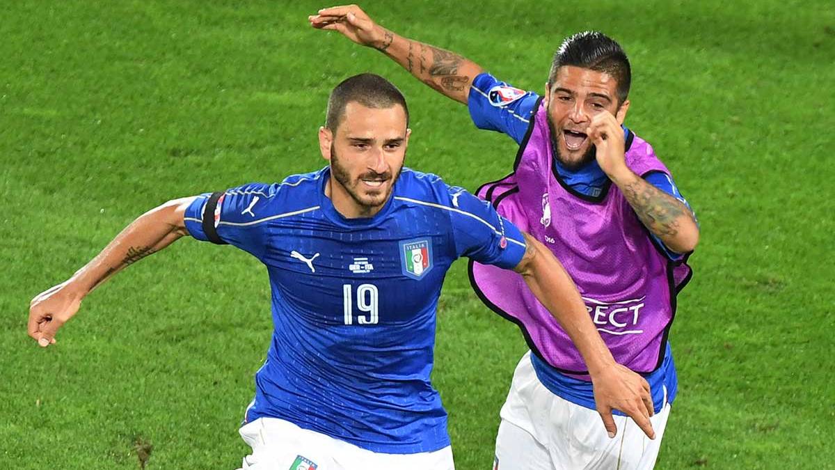 Leonardo Bonucci celebrating his goal with Italy in front of Germany