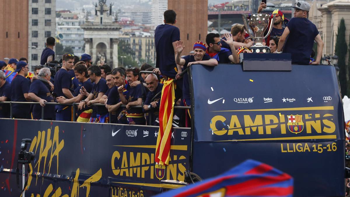 El FC Barcelona, celebrando el título de Liga en la Ciudad Condal