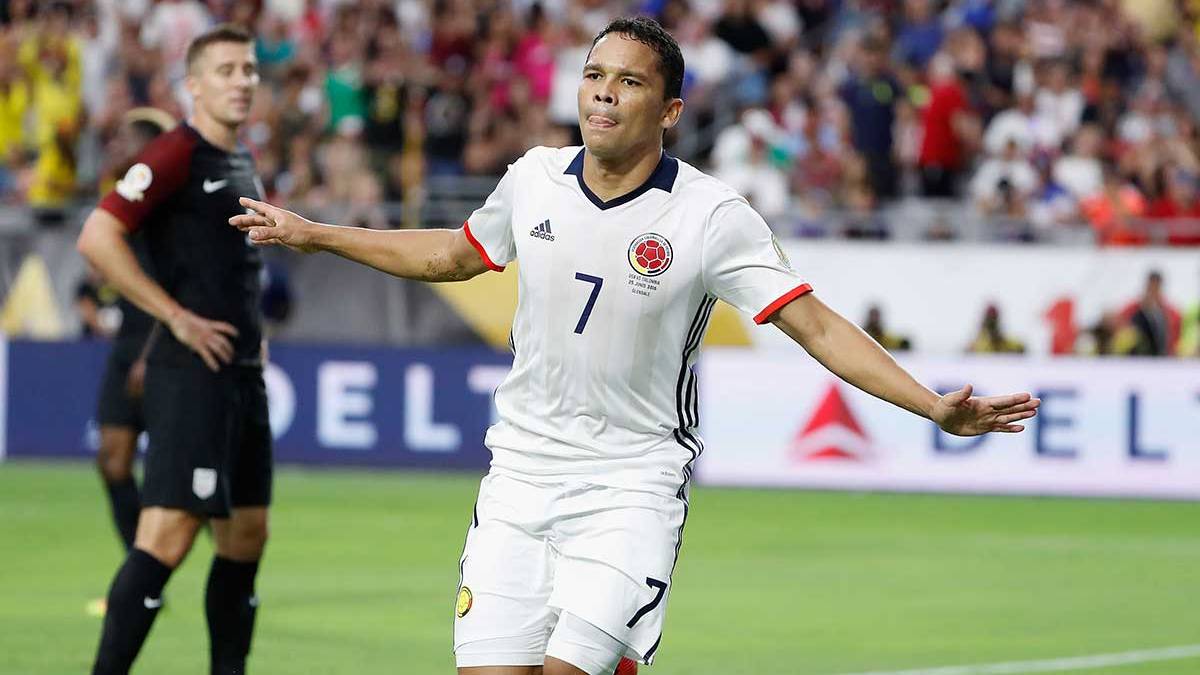 Carlos Bacca celebrating one of his goals in the Glass Centenarian America with Colombia
