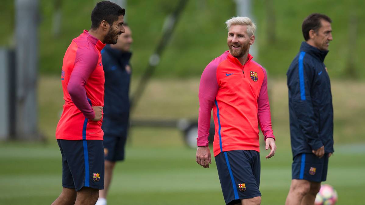 Messi and Luis Suárez, in a training of the FC Barcelona