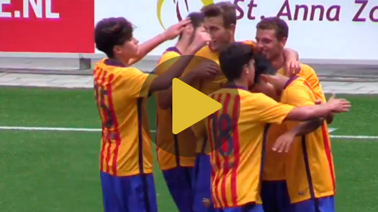 The Juvenile of the FC Barcelona celebrates one of the goals of Seung Woo Lee