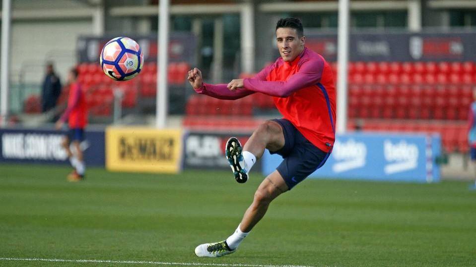 Cristian Tello en un entrenamiento con el Barça este 2016