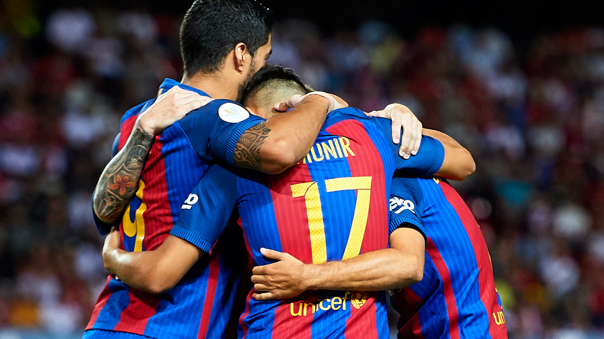 El FC Barcelona, celebrando el segundo gol contra el Sevilla en el Pizjuán