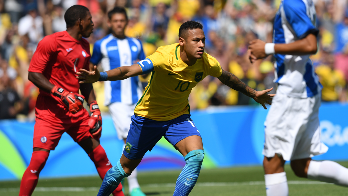 Neymar Jr, celebrating the initial goal marked against Honduras