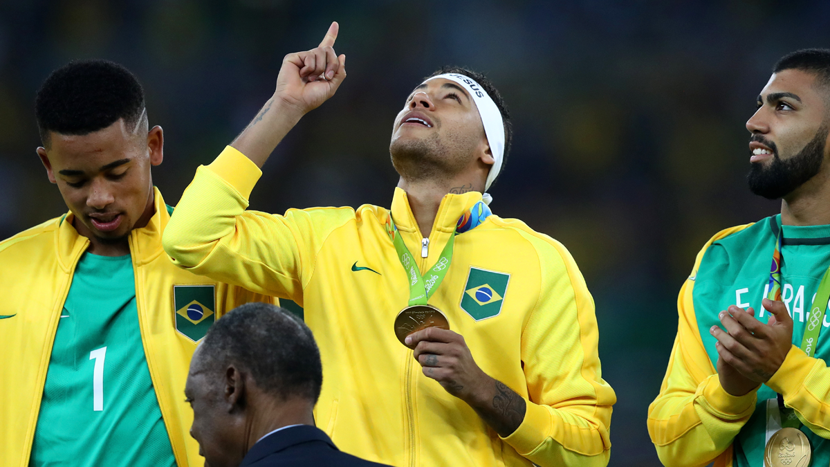Neymar Jr, celebrating the medal of gold in the Olympic games