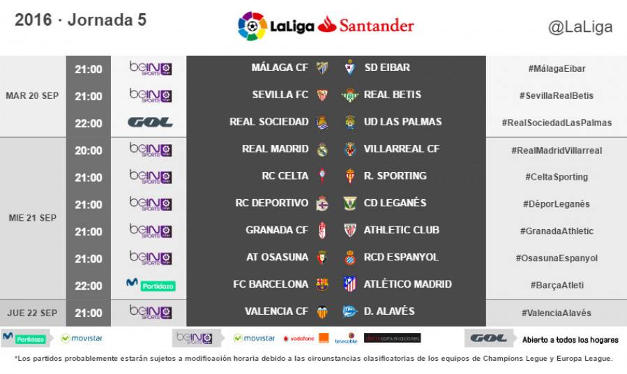 LaLiga J5 TV Horarios