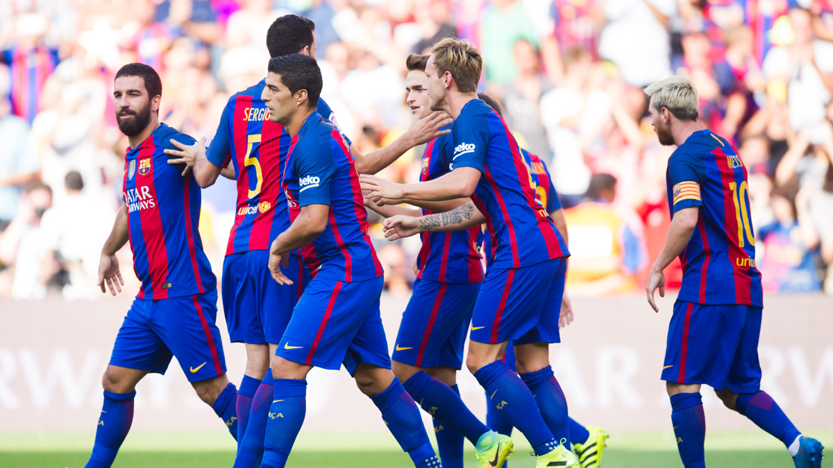The FC Barcelona, celebrating one of the marked goals to the Betis