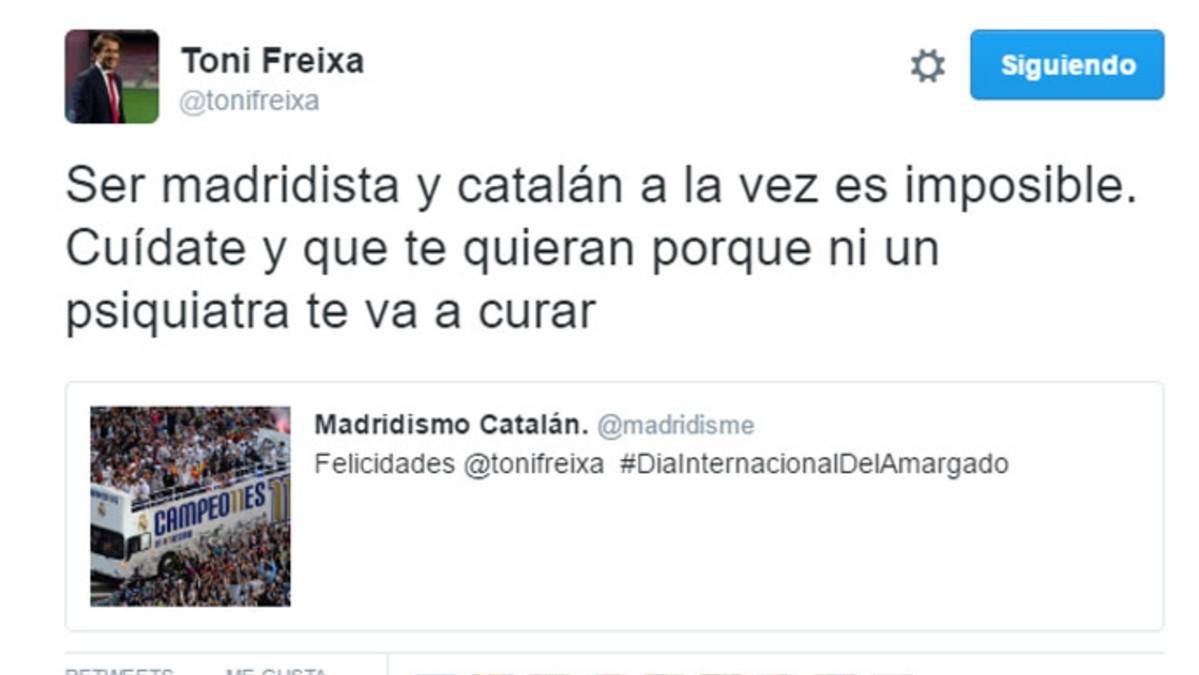Toni Freixa, respondiendo en Twitter a un seguidor madridista