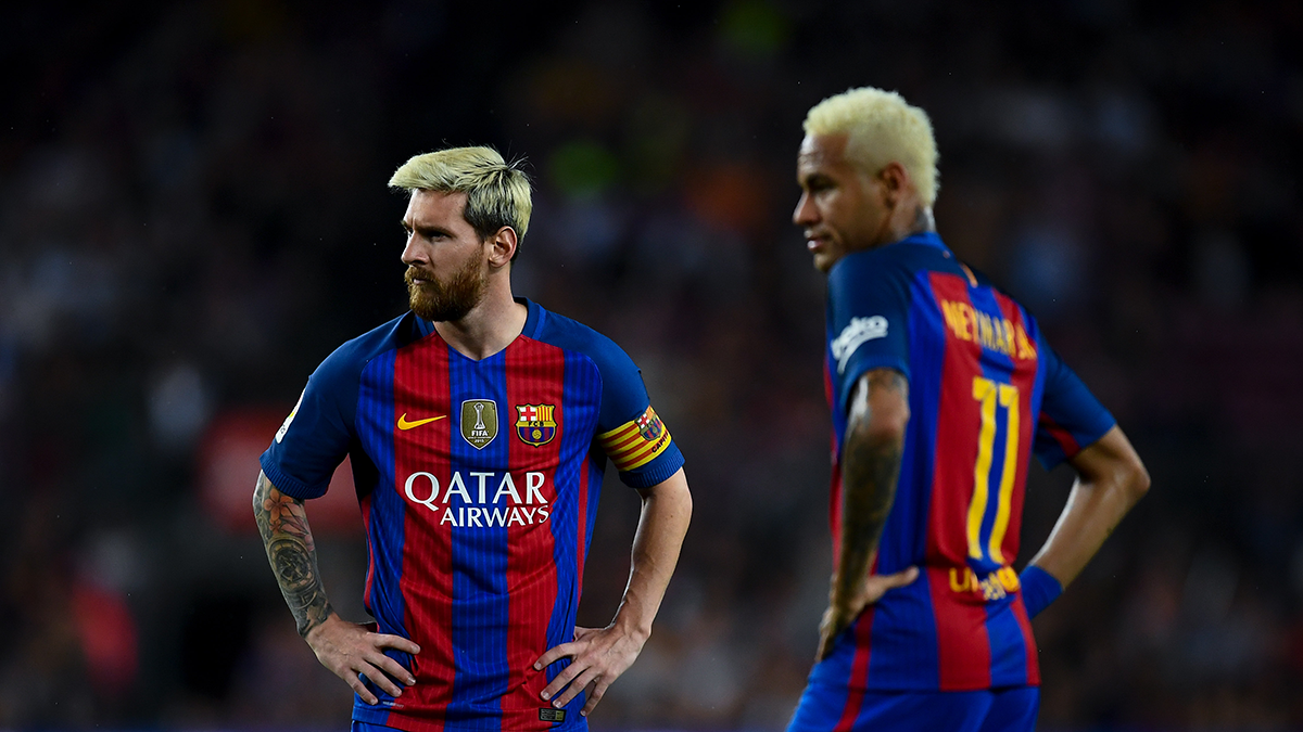Leo Messi and Neymar Júnior during the party in front of the Sportive Alavés
