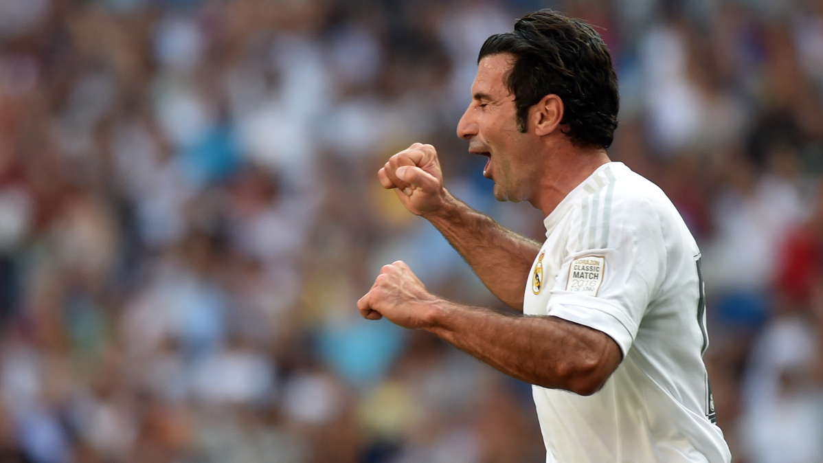 Luis Figo, celebrating a goal with the Real Madrid in a party-homage