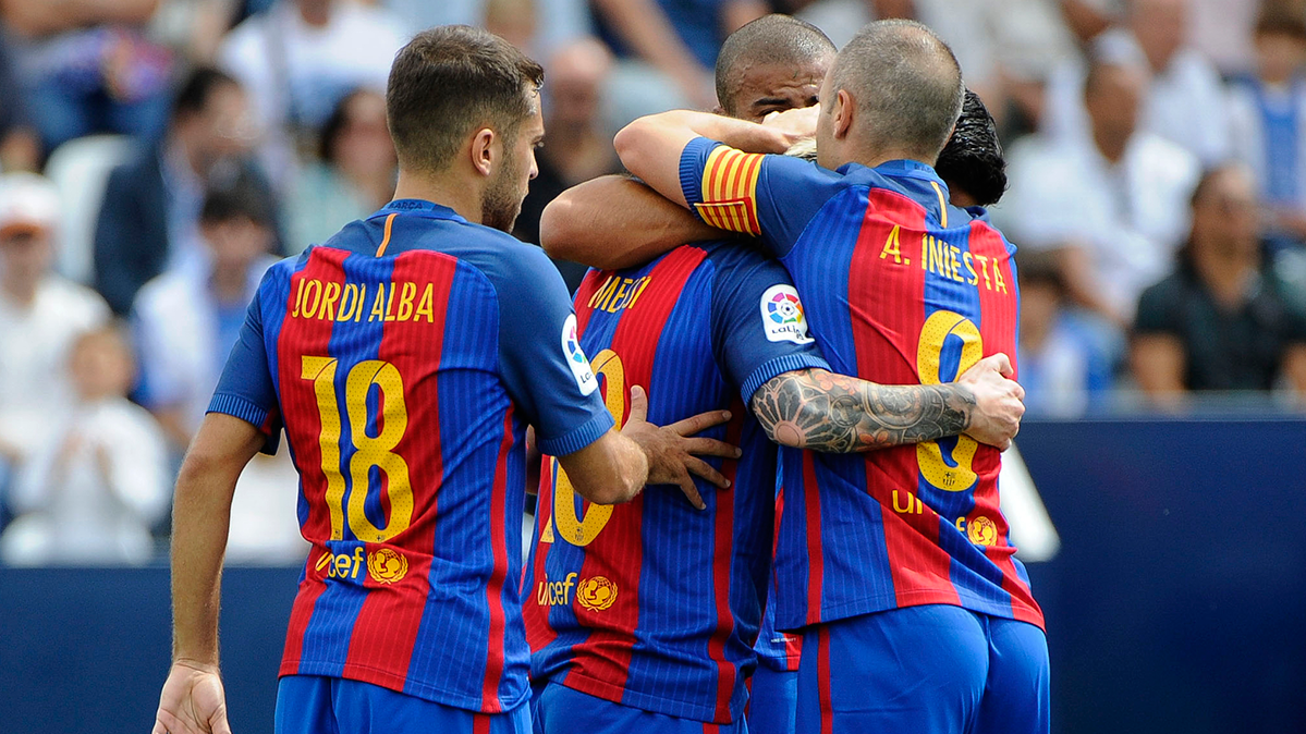 Los jugadores del FC Barcelona celebran uno de los goles ante el CD Leganés