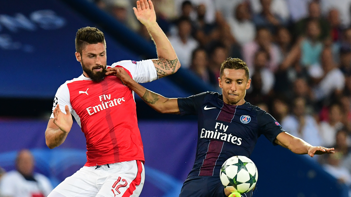 Marquinhos, defending to Giroud against the Arsenal in Champions