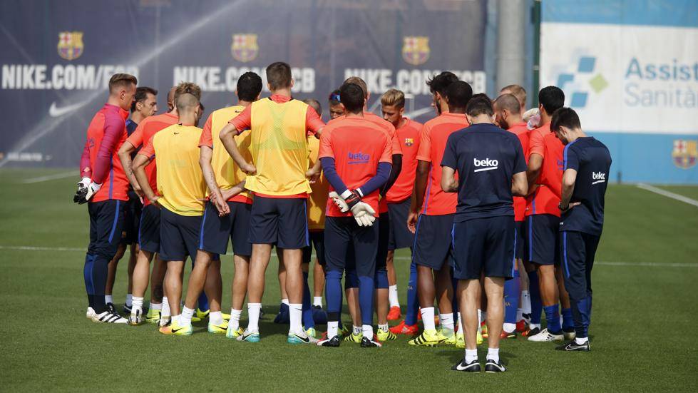 The players of the FC Barcelona, in a training
