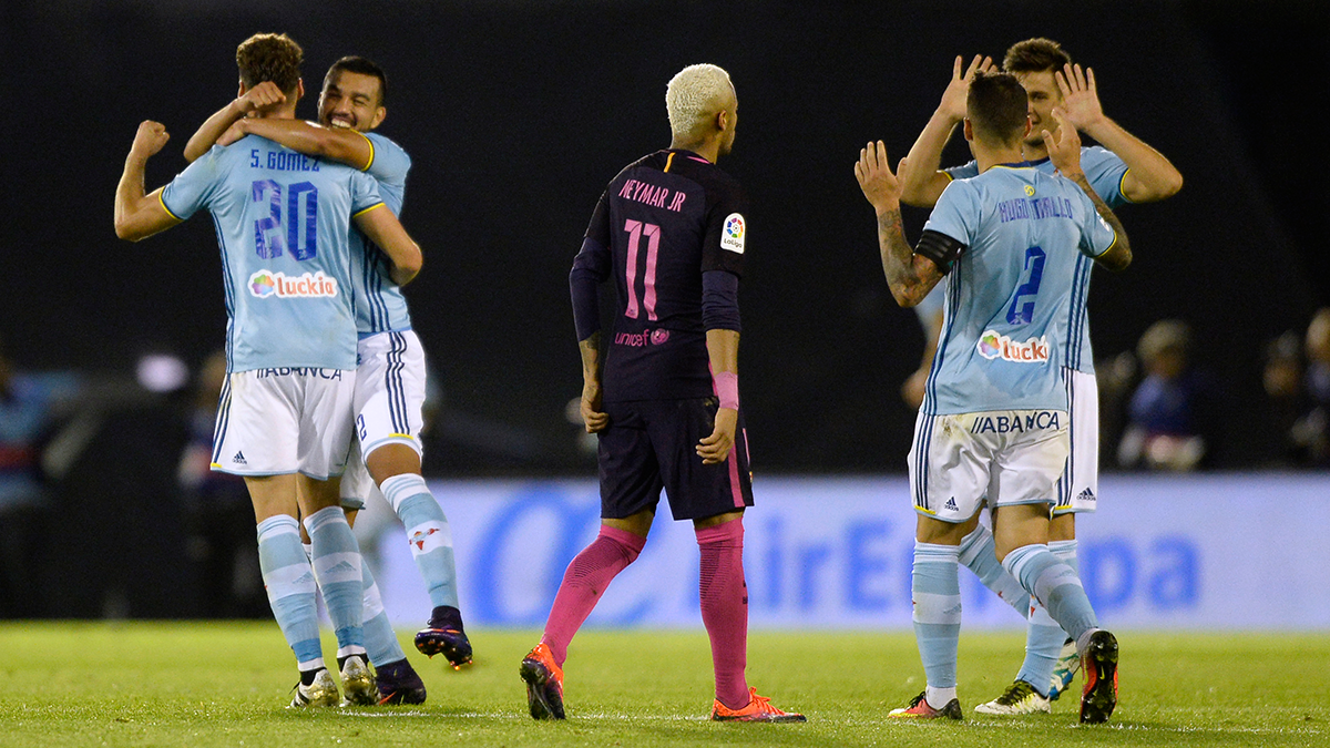 Los jugadores del Celta de Vigo celebrando uno de los tantos ante el Barça