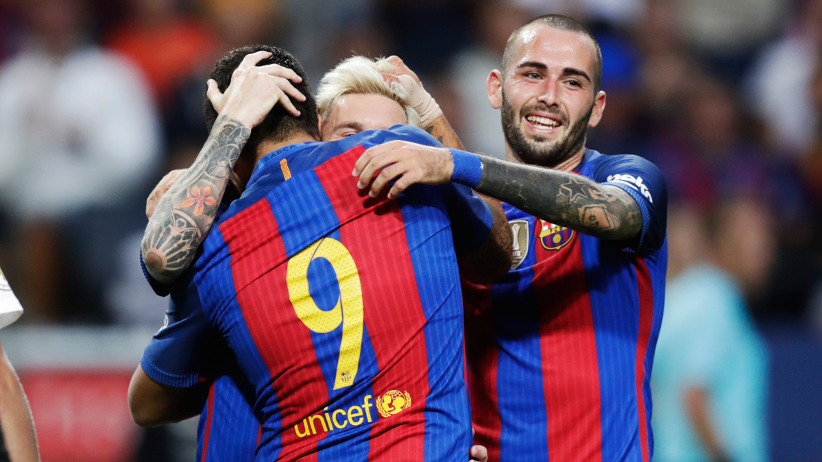 Aleix Vidal, celebrando un gol con el Barça en pretemporada